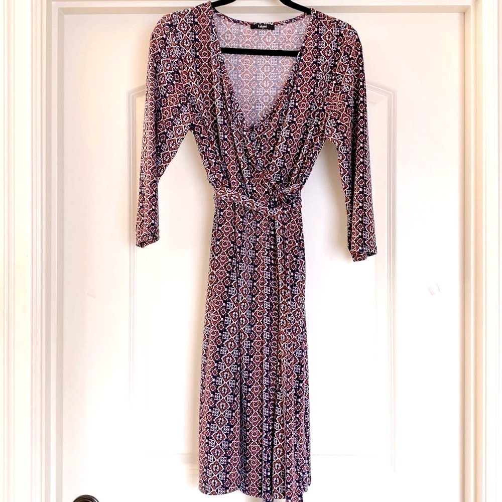 Laksmi faux wrap dress Womens L red white blue stretch comfort office Career
